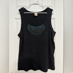 Faded Glory Black Tank Top with Blue Beaded Design